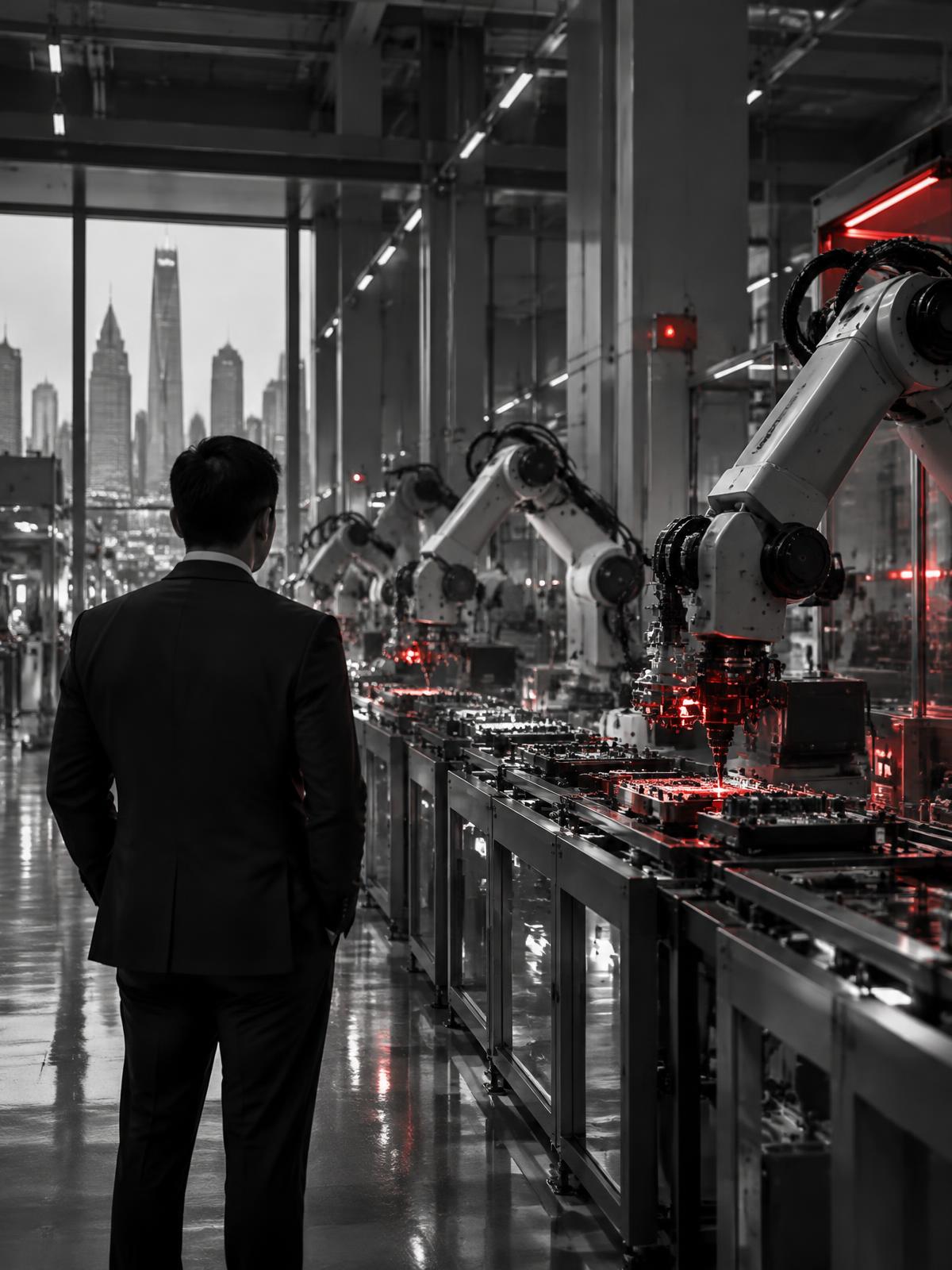 Executive observing robotics on a Chinese factory floor